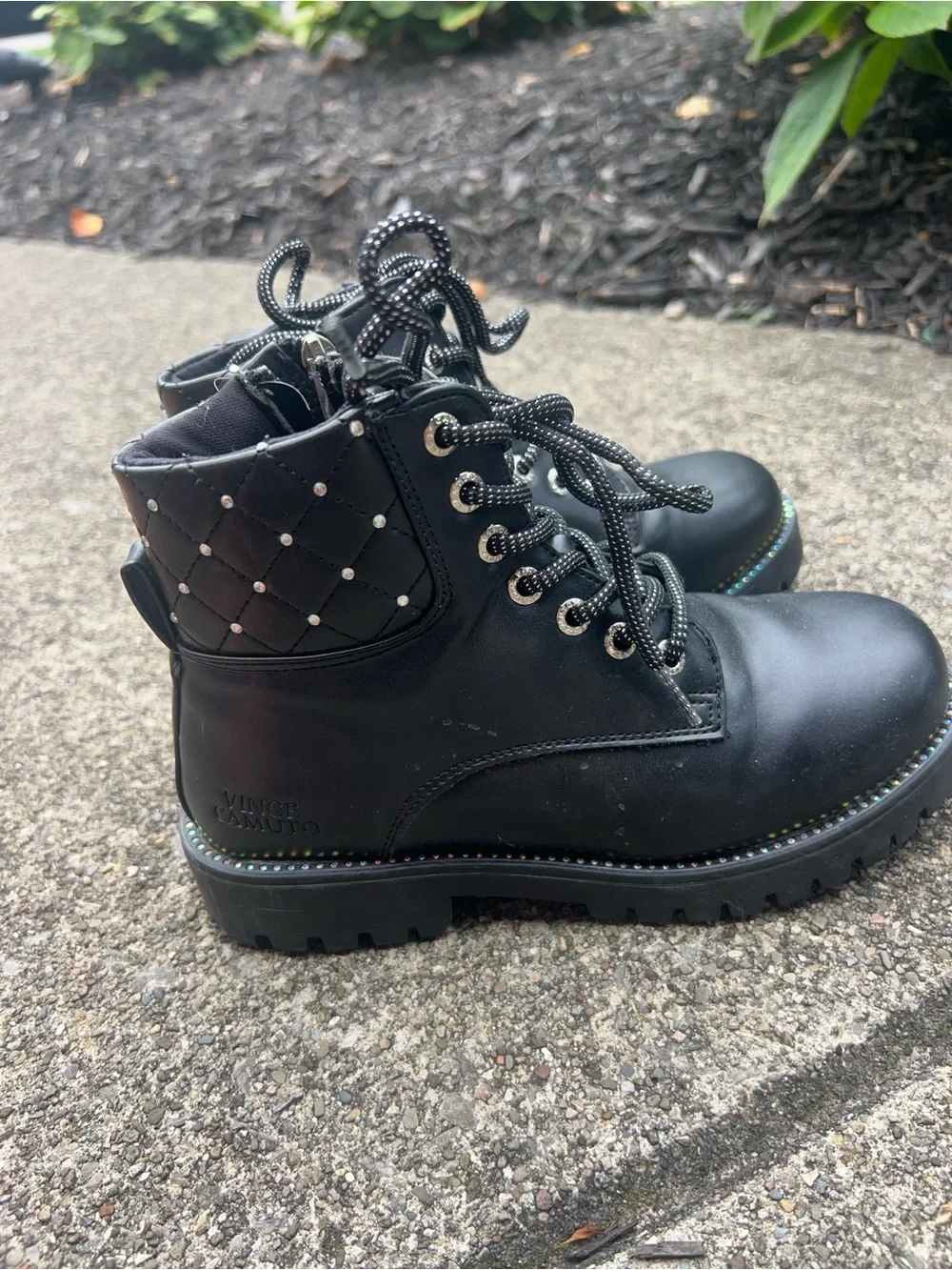 Girls Black Lace-Up Combat Boots with Side Zip